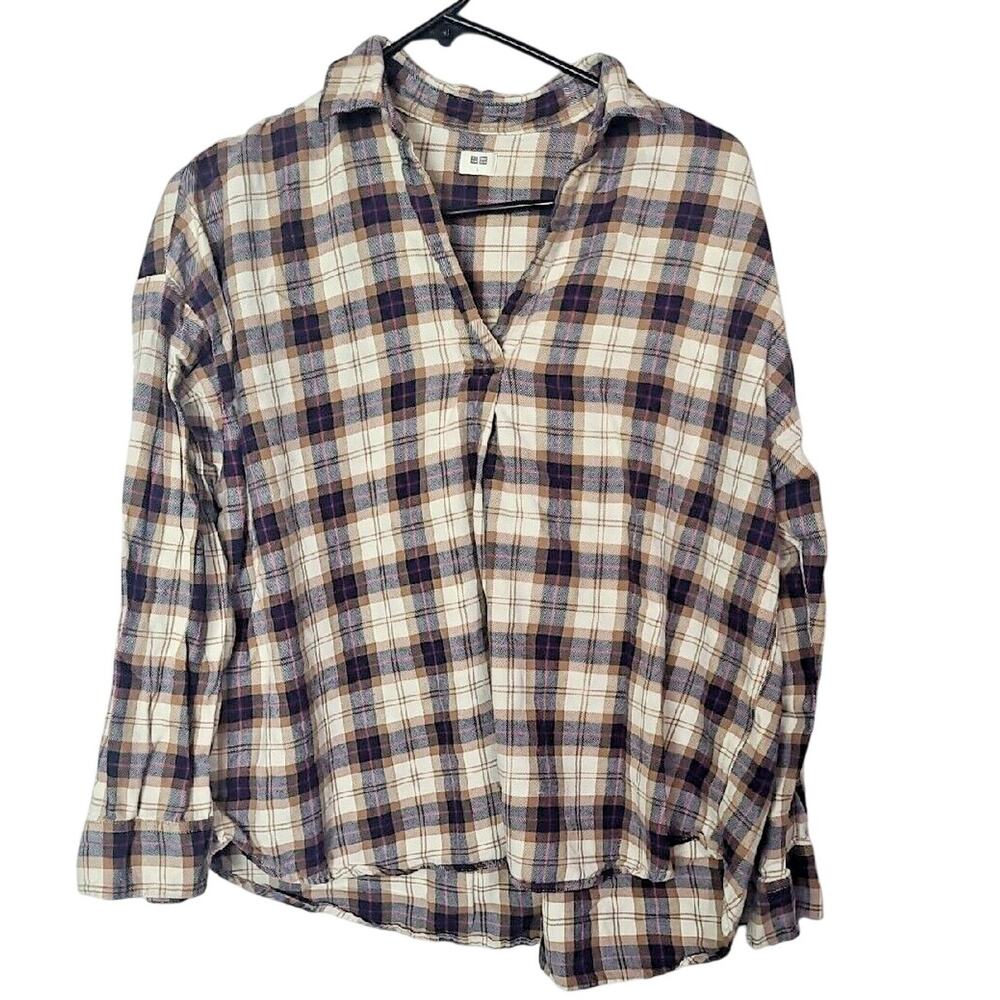 Uniqlo Navy Blue Plaid Long Sleeve Country Western Top Shirt Womans Size Large